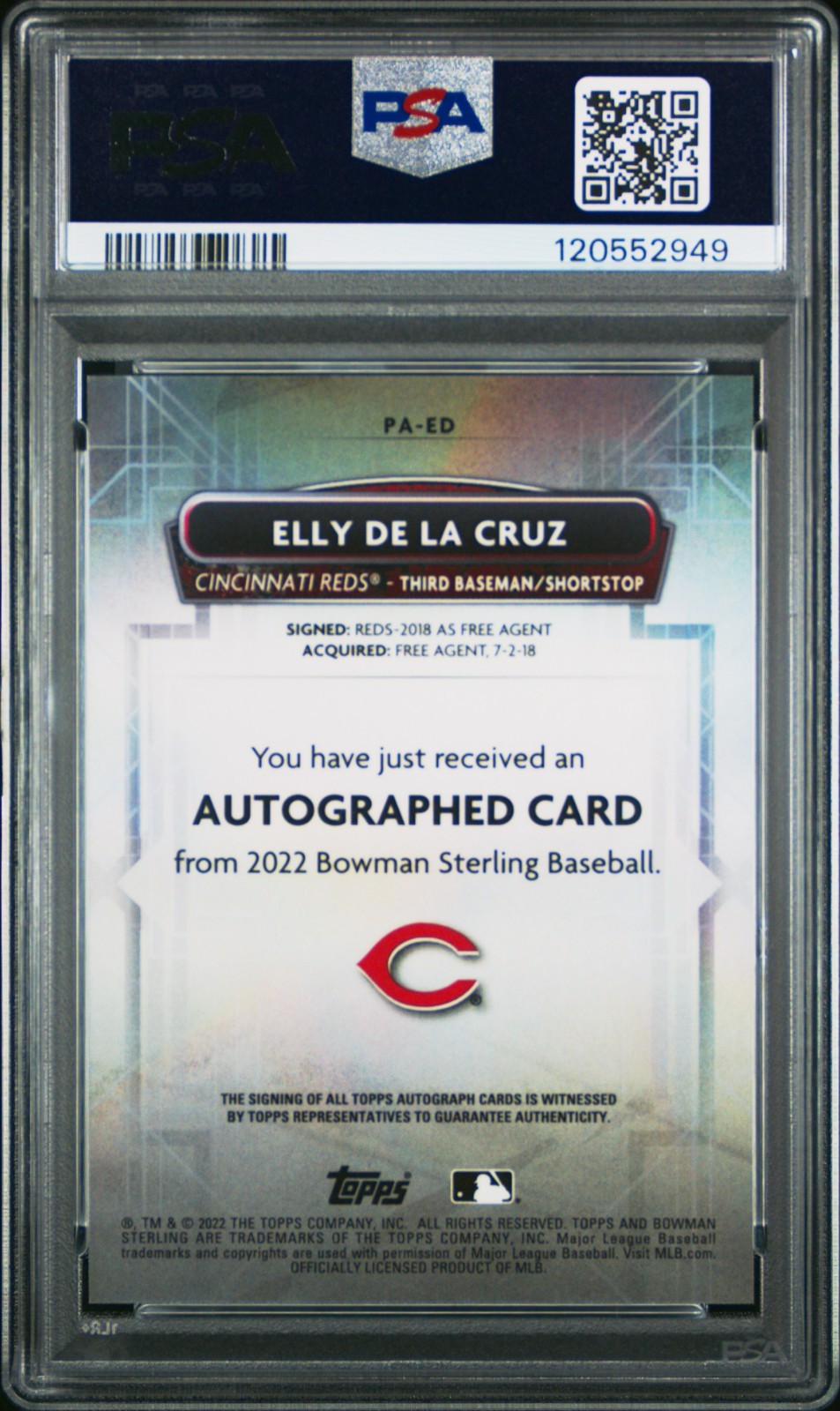 2022 Bowman Sterling Prospect Autographs Elly De La Cruz #PAED PSA 10 view 2