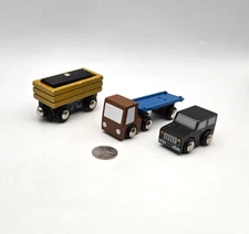 Wooden Railway Lot x3 Jeep Truck Trailer Cargo Car Works w/ Thomas Train, BRIO