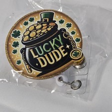 St Patricks Day Lucky Dude Badge Reel Holder Retractable Clip Pot Of Gold
