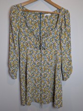 Lush Women's Size M Long Sleeve Tie Front Print Mini Dress In Teal Mustard Boho