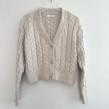 Naadam Cable Knit Cardigan Sweater Women Small Oatmeal Cropped V-Neck Minimalist