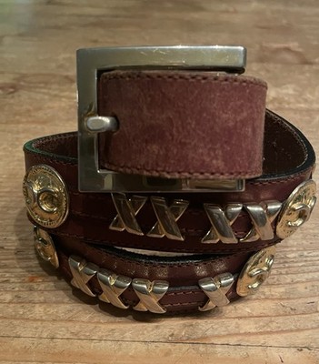 Vintage Echtes Metal Solid Brass Western Leather Belt Gürtel Gr.75 Distressed