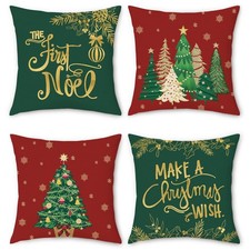 Christmas Trees Throw Pillow Covers 18 x 18 Inch Red Green Xmas Trees Snowfla...