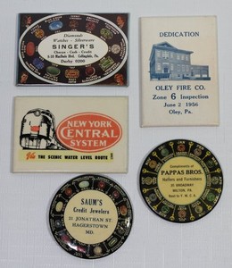 5 Vintage Advertising Celluloid Pocket Mirror Birthstone Train Fire House Lot 3