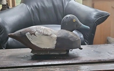 Antique Wood Blue Bill Duck Decoy Worn Paint Glass Eyes 
