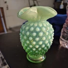 VINTAGE FENTON. URANIUM HOBNAIL RUFFLE VASE 4 INCHES TALL