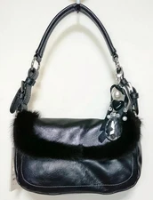 Polvere di Stelle Dark Brown Mink Fur Trim Handbag Tote Bag Purse in Black NWOT