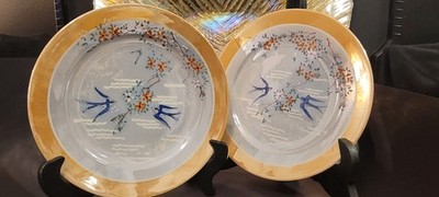 Vintage Japanese Gilt Rim Plates Hand Painted Swallows & Blossoms Gold Pair