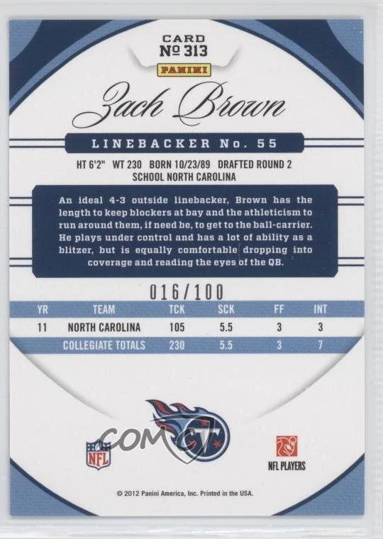 2012 Certified New Generation Mirror Blue /100 Zach Brown #313 Rookie RC - Image 2 of 2