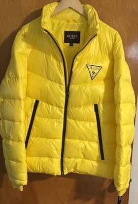 Guess Puffer Jacket Mens Large Yellow Zip Pockets