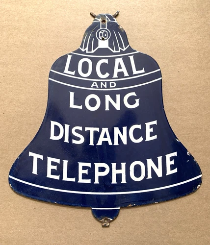 VINTAGE LOCAL AND LONG DISTANCE TELEPHONE GAS PUMP STATION PORCELAIN OIL SIGN