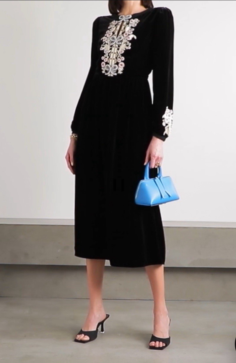 $1200 SALONI  Camille Embellished Embroidered Velvet Midi Dress