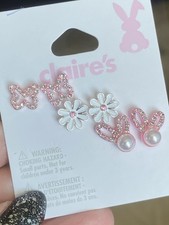 CLAIRES EASTER STUD EARRINGS SET OF 3 PINK BUNNY EARS, BUTTERFLY, FLOWER NEW