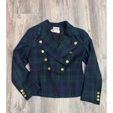 Rafaella Women's Plaid Double Breasted Blazer Gold Buttons Wool Blend Size 8