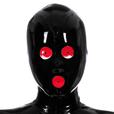 Black Latex Hood with Red Brim Open Eyes Mouth Back Zipper