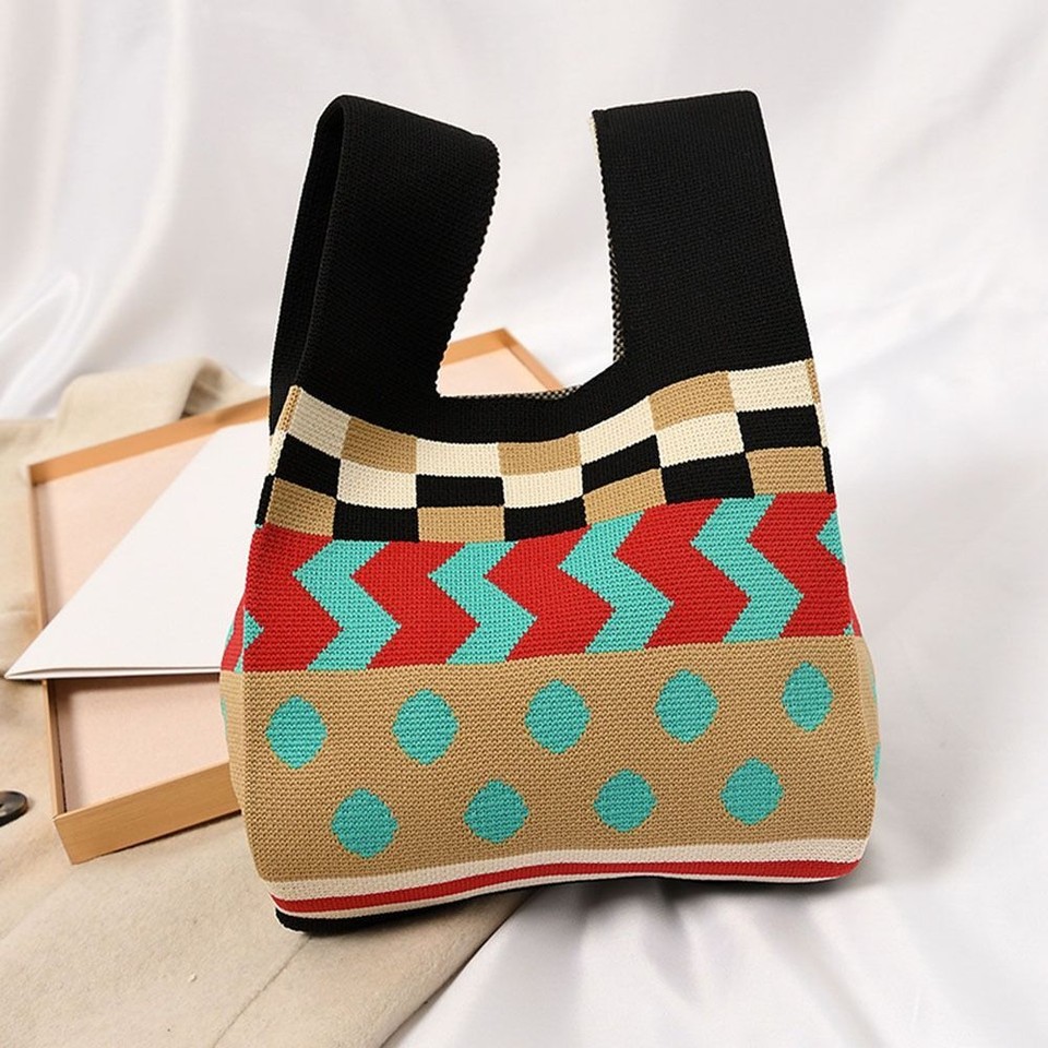 Color Shopping Bags Women Girls Knit Handbag Knot Wrist Bag Handmade