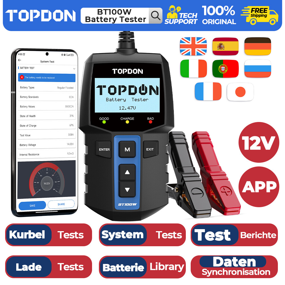 TOPDON BT100W Testeur Batterie 12V Bluetooth Analyseur Système de Charge Auto Moto