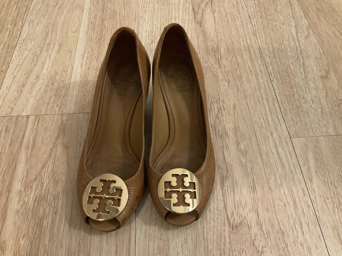 Tory Burch Shoes Platform Leather Women's Brown Gold Logo Emblem Sz 5M