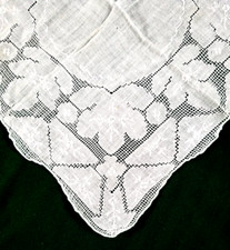 Wedding Handkerchief Drawn Thread Work Embroidered Art Deco White on White 10"
