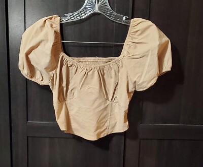 Active USA Crop Top Womens Size Small Puff Sleeve Shirt Blouse Tan