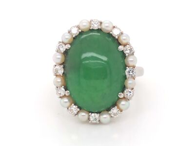 GIA Jadeit Jade Perle und Diamant Halo Ring in Platin