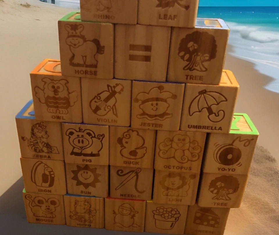 Bloques de madera letras números símbolos imágenes construcción juego 26 piezas vintage Foto 4 de 4