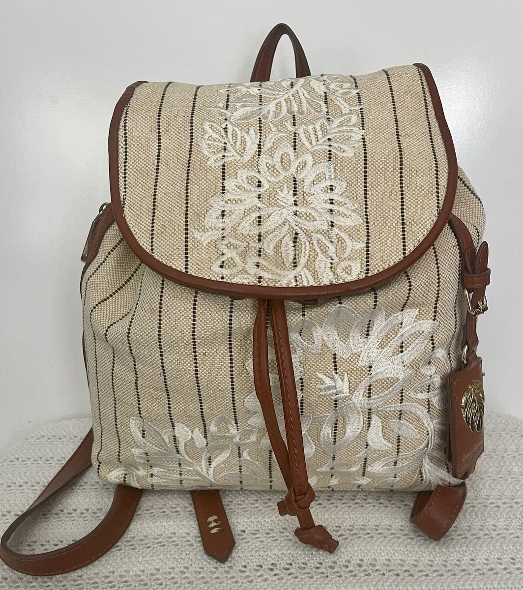Tommy Bahama Womens Waikiki Backpack Embroidered Linen Leather