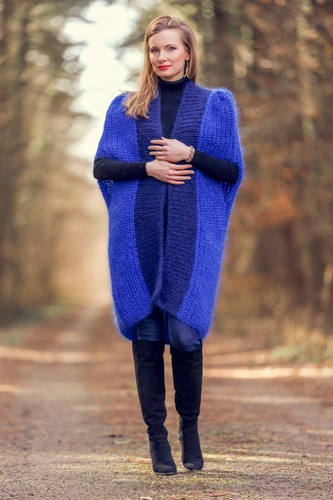 SuperTanya blue mohair wrap cardigan sleeveless sweater long unique long coat - Picture 4 of 8