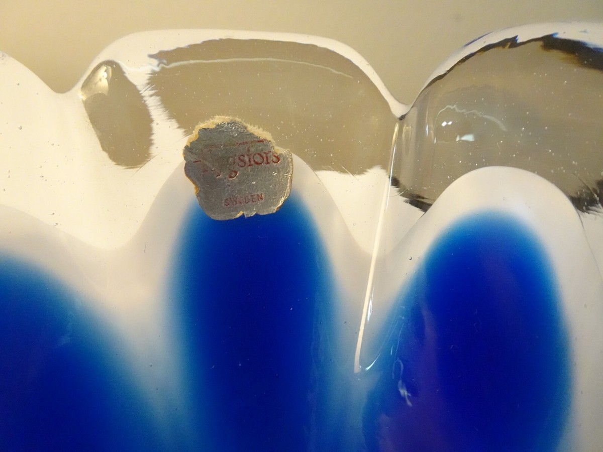 Signed Flygsfors Swedish Art Glass Blue Coquille Bowl MCM | eBay