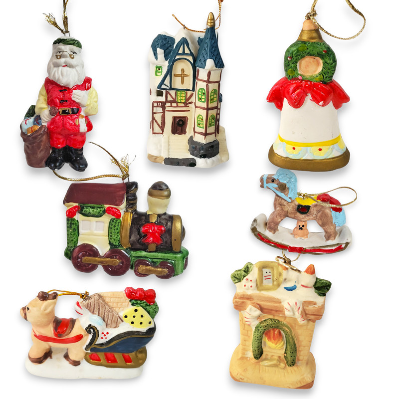 Vintage Lot of 7 Porcelain Christmas Ornaments Hand Painted Santa Train Cottage