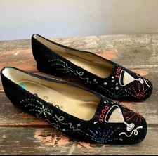 Amazing Y2K New Years Eve 2000 Embroidered Velvet Flats Size 8 Deadstock Vtg