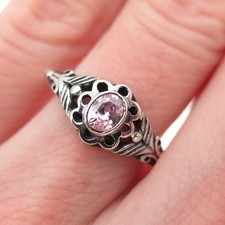 925 Sterling Silver Vintage Oval-Cut Lavender C Z Floral Oxidized Ring Size 6