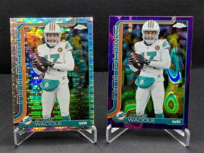 (2) Jaylen Waddle 2025 Topps Chrome- #186 Purple Lava 20/75 & Pulsar- Dolphins