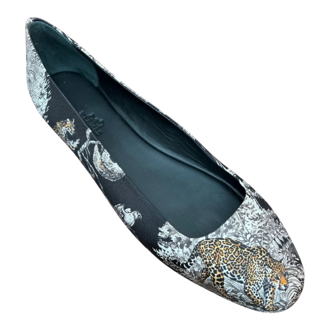 Hermes Black Printed Silk Equateur Tattoo Flats Ballet Shoes EU 37