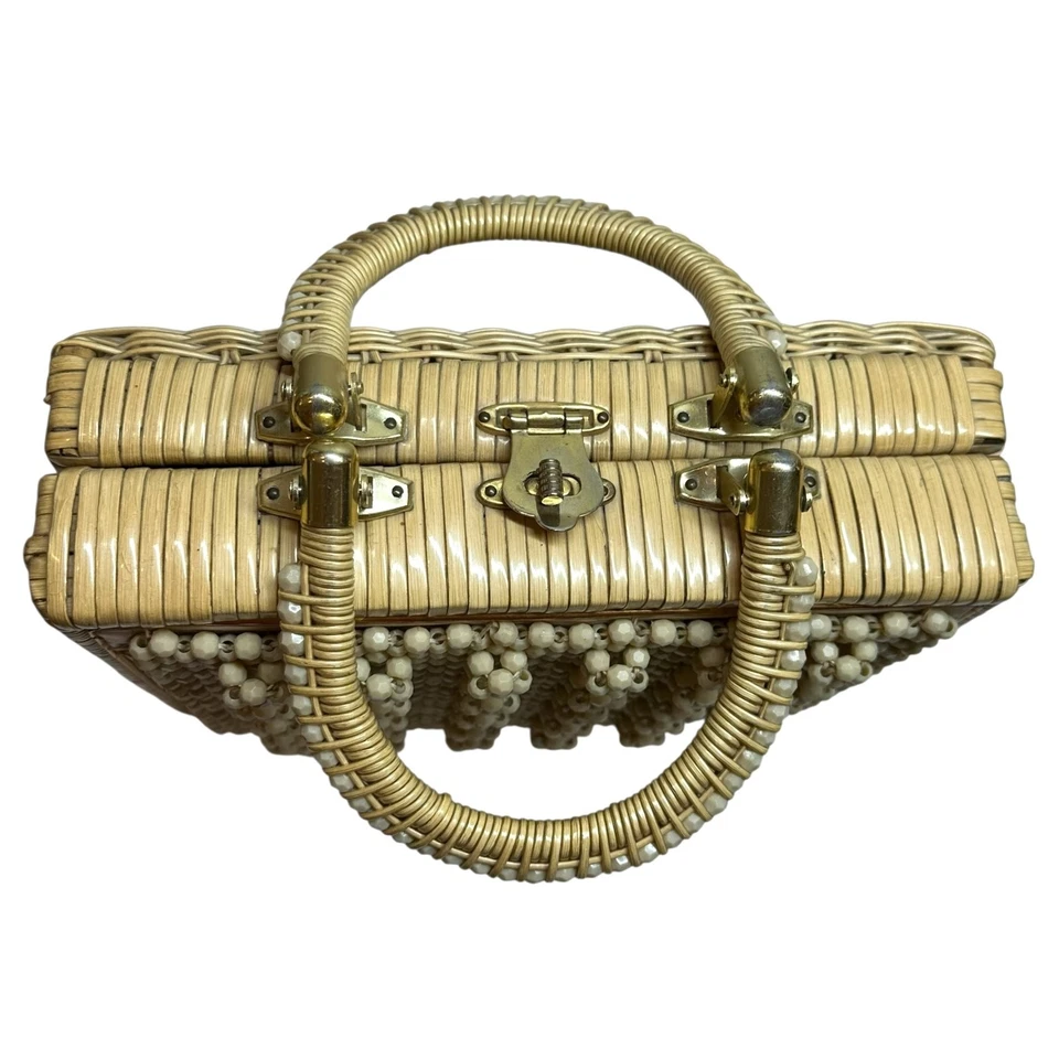 Винтажный MCM 1950-х бисером натуральный соломы коробка сумка Гонконг Дамская сумка - Изображение 2 из 4