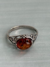 Vintage Poland Sterling Silver Oval Cabochon Baltic Amber Ring Size 8.25