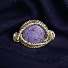 Silver tone wire wrapped purple marbled stone ring