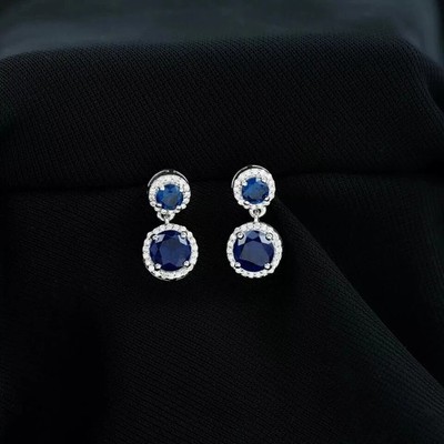 2.00Ct Round Cut Simulated Sapphire Drop Dangle Earrings 14k White Gold Plated