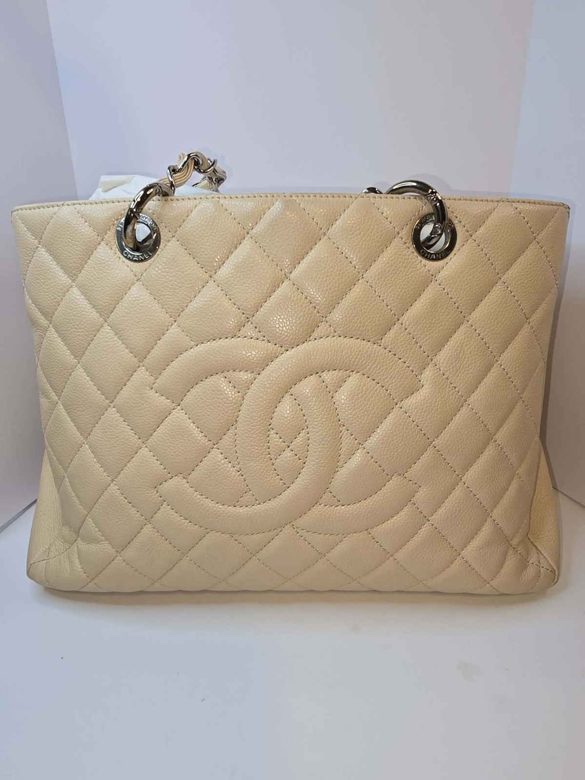 CHANEL Grand Shopping Satin Interior Tote Beige Leather
