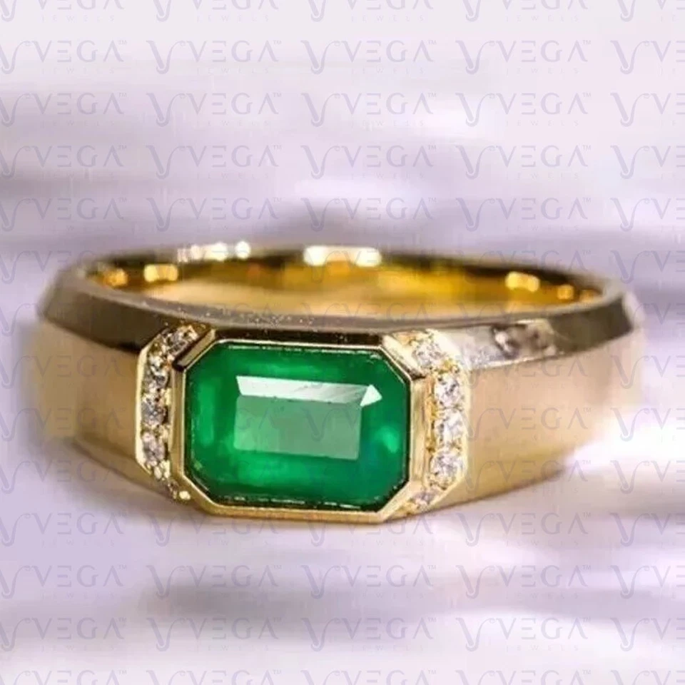 4.20ct Emerald Cut Natural Emerald with Diamond Men Ring 18K Yellow Gold Plated - Image 3 of 4