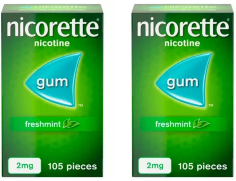 2x Nicorette 2mg Nicotine Gum – Freshmint, Sugar-Free 2 x 105 exp 09/2028