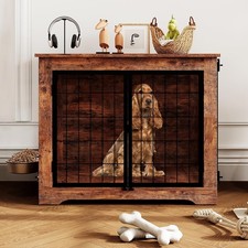 Wooden Dog Crate Furniture with 2 Doors, Heavy Duty Kennel w Double Locks Feeder