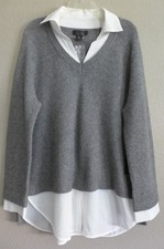 TAHARI sz XL Layered Style Gray  White 100 2 ply CASHMERE Pullover Sweater NEW