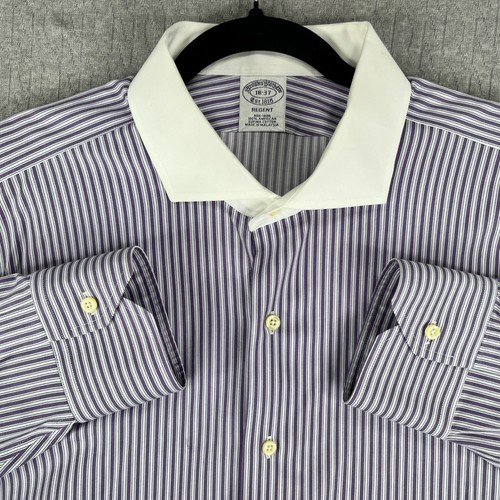 Brooks Brothers Vestito Camicia Uomo 2XL 18-37 Viola Righe Reggente Supima Non Ferro - Foto 3 di 11