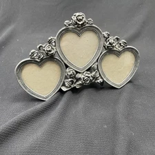 Pewter -Silver Toned Three Heart Picture Frame with Rose Details
