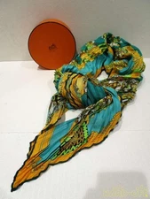 HERMES Authentic Accordion Scarf 100% Silk Size 90cm x 90cm Green x Yellow Box