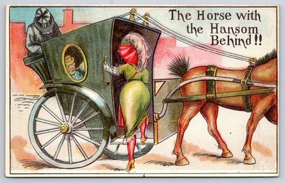 Comic humor horse hansom cab carriage woman driver parody 1910