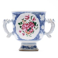 Chinese Porcelain Cup Beaker Handles Blue Famille Rose Gilt Qing Qianlong 18C