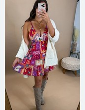 NWOT Angie Vibrant Patchwork Mini Dress Sz L Farm Rio Vibes Johnny Was Vibes