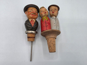 Vtg Lot of 2 Italian ANRI Carved Figural Wood Bottle Stoppers